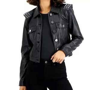 Bar III SIZE MEDIUM Studded-Shoulder Faux-Leather Jacket, Created for Macy's